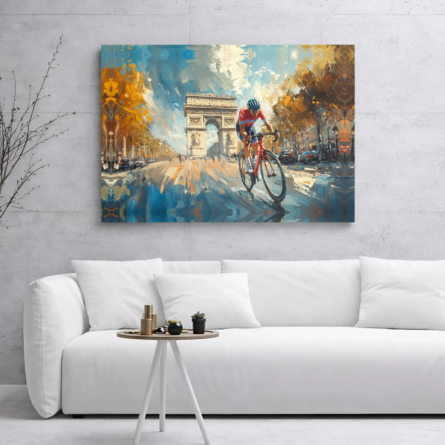 Cyclist Paris Canvas Wall Art | Impressionist Arc De Triomphe Painting | Premium Gallery Wrap Decor | Cycling Gift For Him Home Office