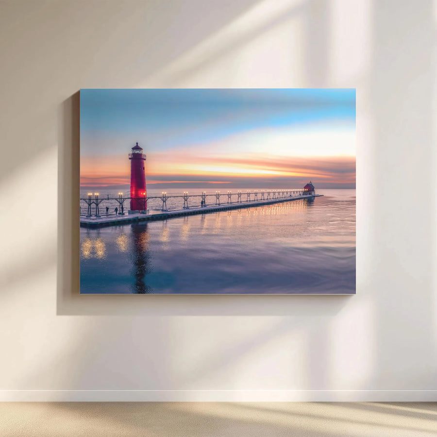 Lighthouse Canvas Wall Art | Scenic Sunset Pier Photography | Premium Thick Gallery Wrap | Nautical Home Decor Gift for Living Room