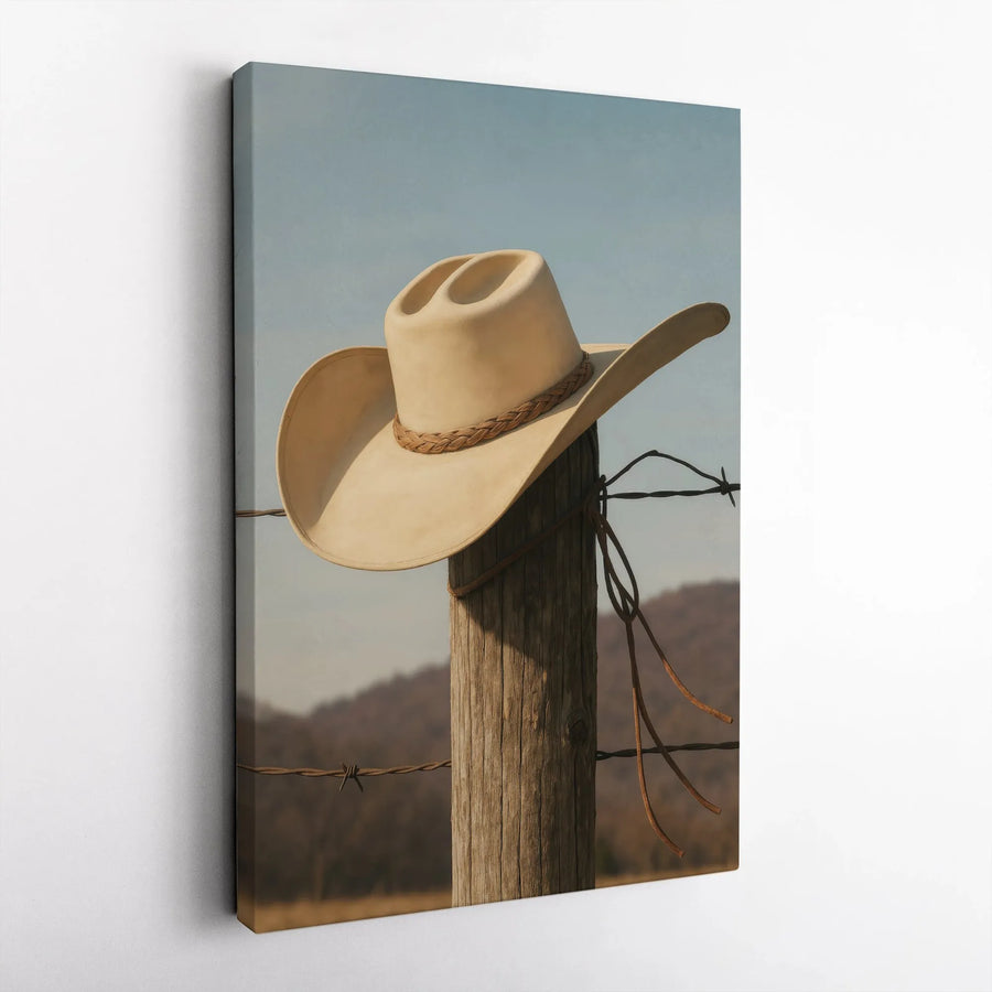 Cowboy Hat on Fence Post Wall Art | Western Rustic Landscape Canvas Print | Premium Gallery Wrap Decor | Farmhouse Country Home Gift