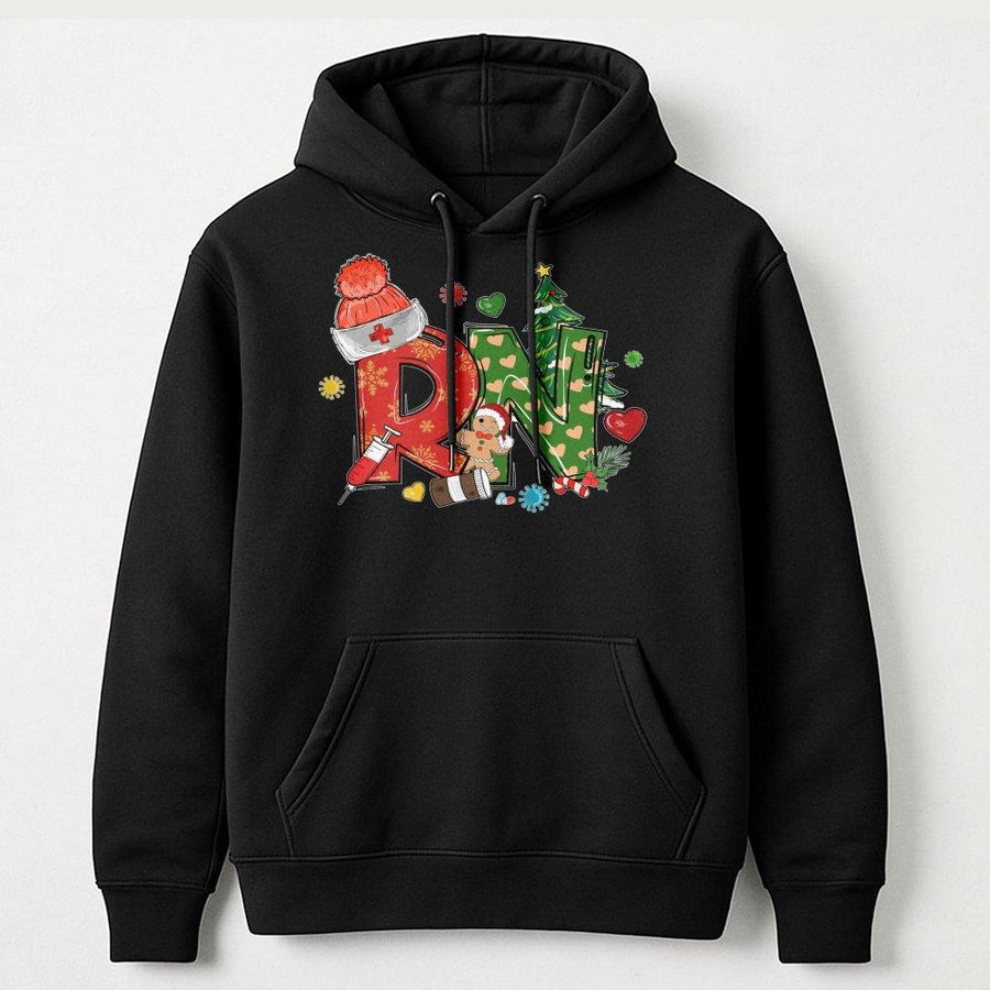 Christmas RN Nurse Hoodie | Holiday Registered Nurse Graphic Sweatshirt | Premium Cotton-Poly Blend | Gift for Nursing Students & Medical Professionals