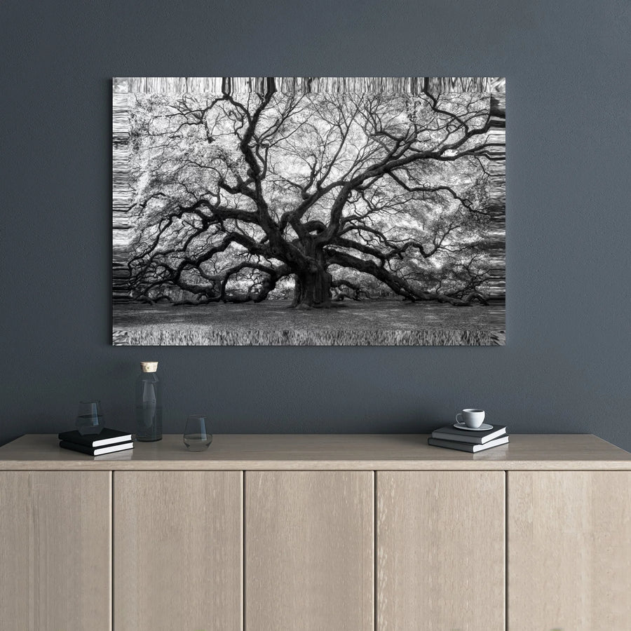 Ancient Oak Tree Canvas Wall Art | Black and White Glitch Aesthetic Print | Premium 1.25 Inch Gallery Wrap | Modern Home Office Decor Gift