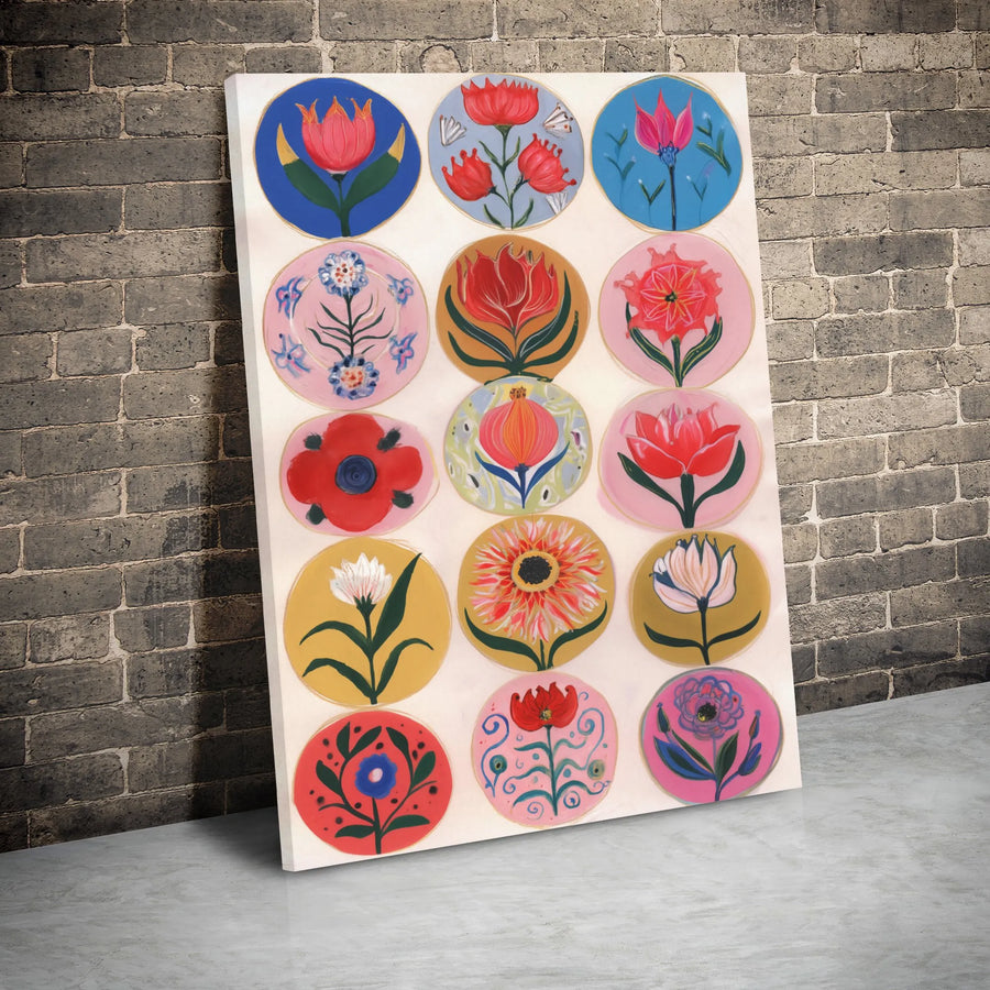 Folk Art Flower Canvas Wall Art | Colorful Botanical Grid Print | Premium Gallery Wrap 1.25 Inch | Boho Floral Home Decor Gift
