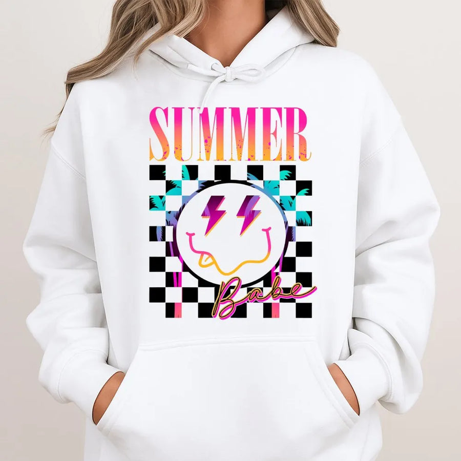 Summer Babe Hoodie | Retro 80s Checkerboard Smiley Face | Soft Cotton Blend | Trendy Preppy Gift for Women