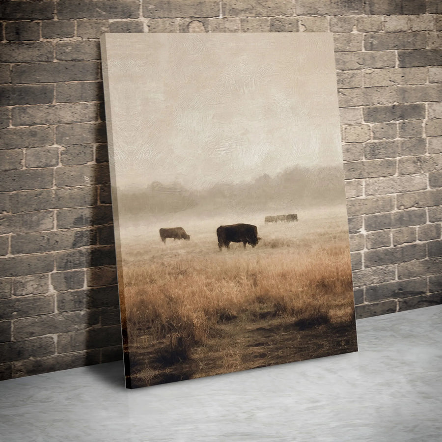 Bison Canvas Wall Art | Misty Prairie Landscape Painting | Premium High-Resolution Print | Rustic Country Farmhouse Decor Gift