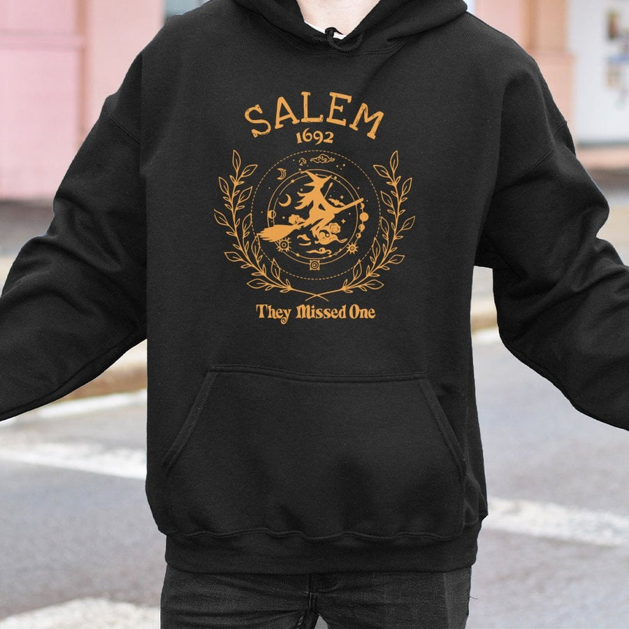 Salem 1692 Witch Hoodie | They Missed One Witchcraft Graphic | Premium Cotton Blend | Gift For Witchy Halloween Lovers And History Enthusiasts