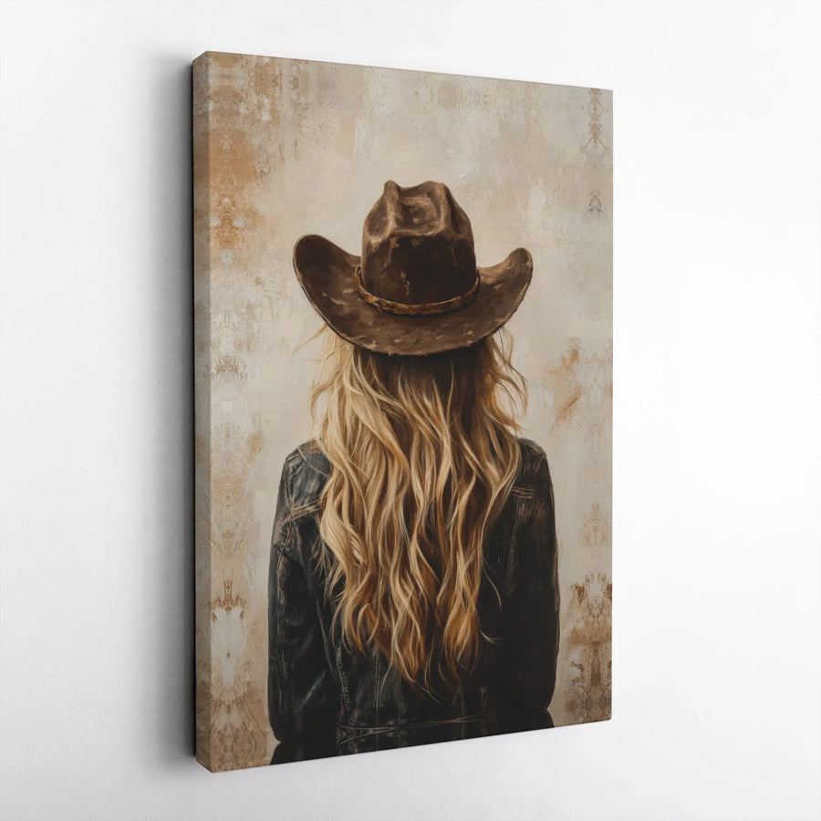 Western Cowgirl Wall Art | Blonde Woman in Cowboy Hat and Denim Jacket | Premium Fade-Resistant Canvas | Rustic Farmhouse Home Decor