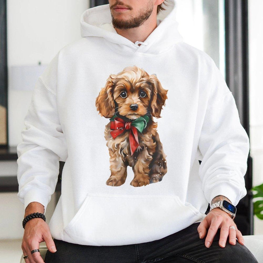 Cavapoo Christmas Hoodie | Cute Puppy With Red Bow Design | Premium Cotton Blend | Cozy Holiday Gift For Dog Lovers