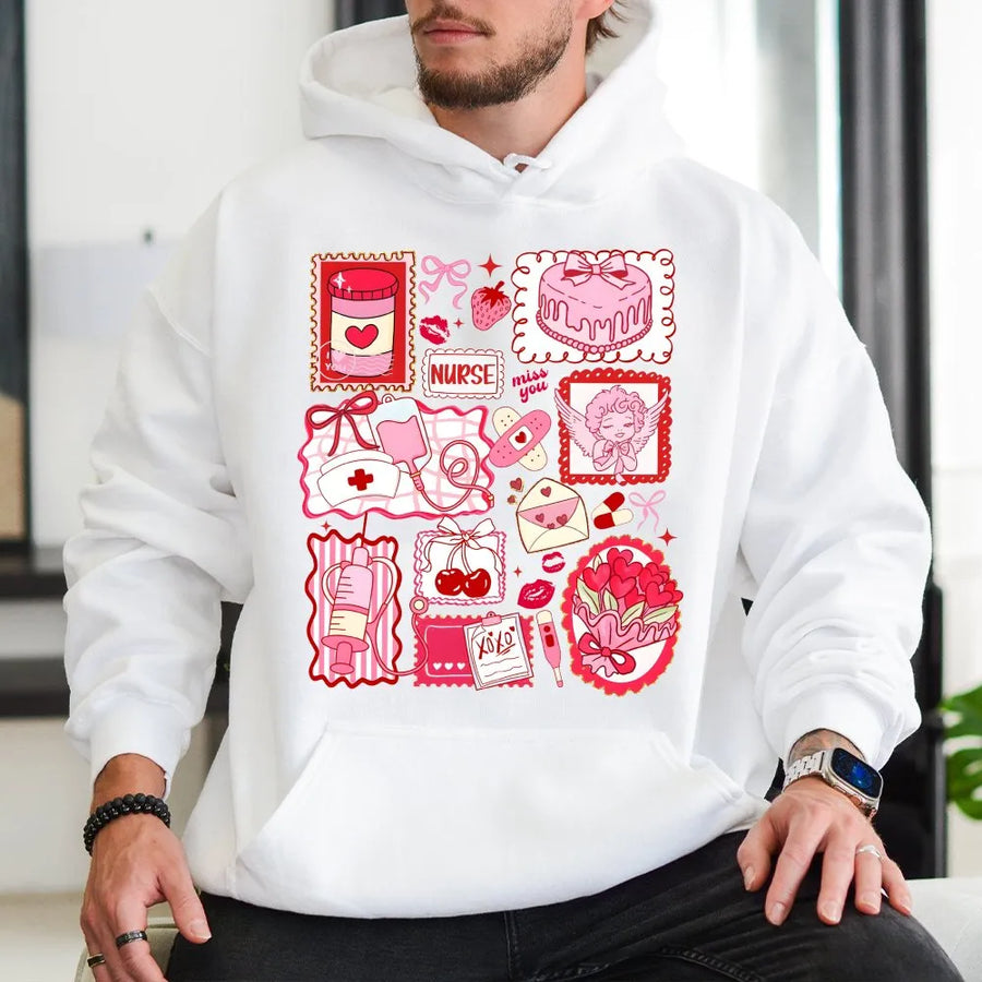Nurse Valentine Hoodie | Coquette Aesthetic Medical Doodle Print | Premium Cotton Blend | Cute Nurse Gift for Women and Students