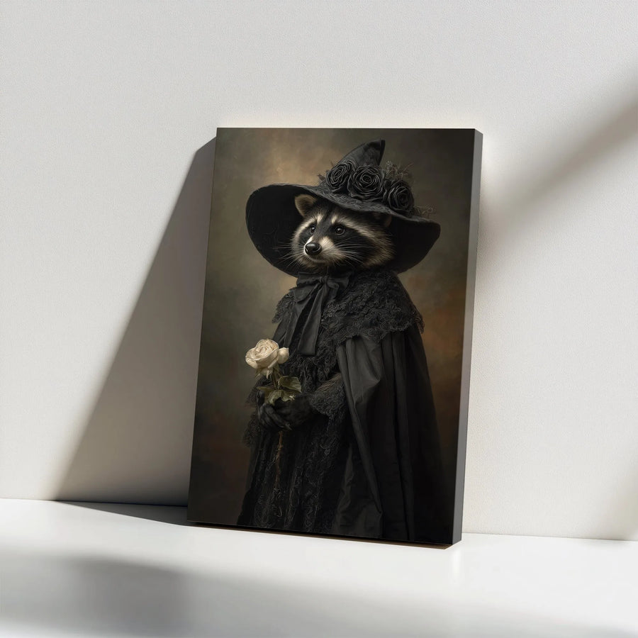 Gothic Raccoon Witch Vertical Canvas | Victorian Animal Portrait | Premium Frameless Wall Art | Goth Home Decor Halloween Gift