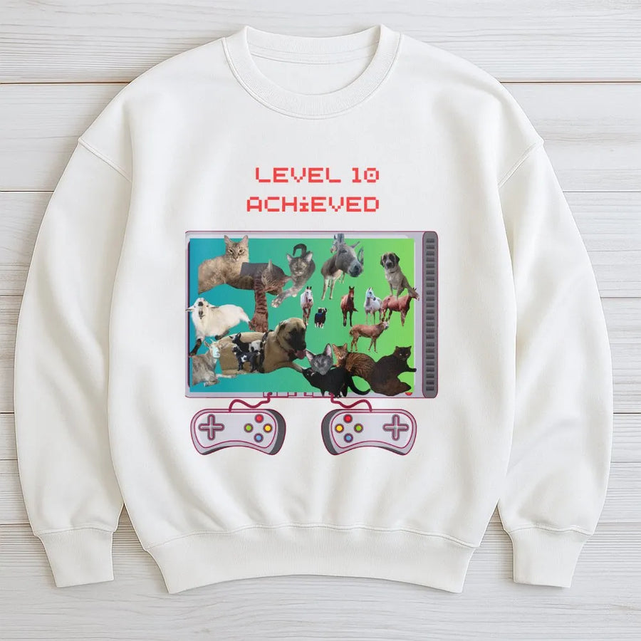 Level 10 Achieved Gamer Sweatshirt | Retro Pixel Art Animal Graphic | Cozy Cotton Blend | Funny 10th Birthday Gift for Gamers