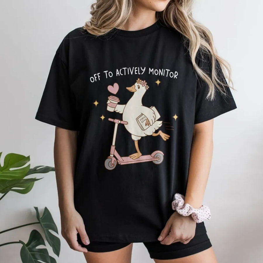 State Testing Teacher T-Shirt | Funny 'Off To Actively Monitor' Goose Design | Soft Cotton Tee | Gift for Teacher Crew & Test Proctor