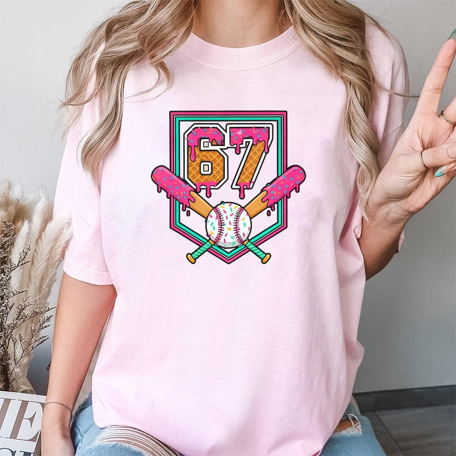 Number 67 Baseball T-Shirt | Ice Cream Drip Sports Graphic | 100% Cotton Premium Tee | Unique Birthday Gift for Baseball Fans