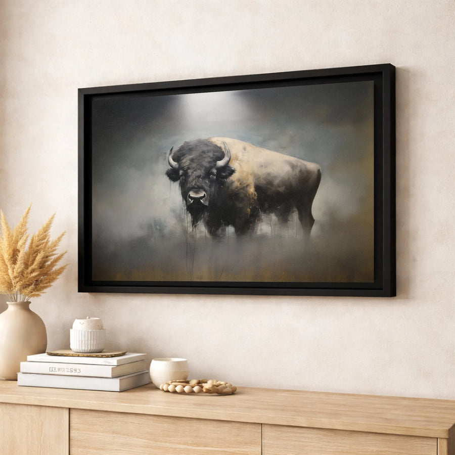 American Bison Canvas Wall Art | Moody Wildlife Portrait in Fog | Premium Gallery-Wrapped Print | Rustic Farmhouse Home Decor Gift