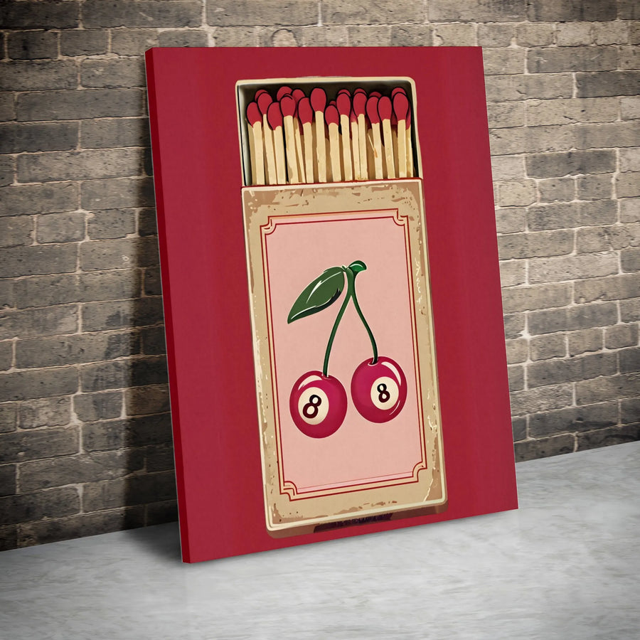 Vintage Matchbox Cherry Art Print | 8-Ball Aesthetic Wall Decor | Premium 1.25-Inch Gallery Canvas | Trendy Retro Kitchen or Living Room Gift