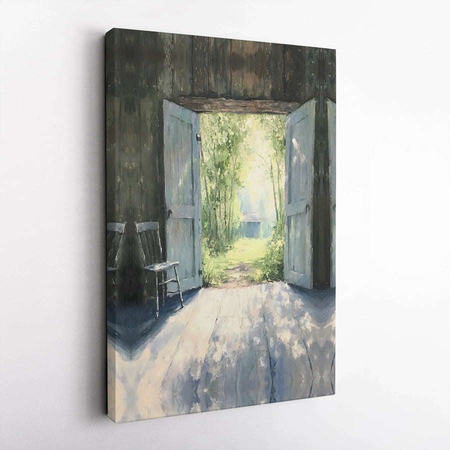 Rustic Open Door Canvas Print | Impressionist Sunlit Pathway Painting | Premium Gallery Wrapped Canvas | Farmhouse Wall Decor Gift