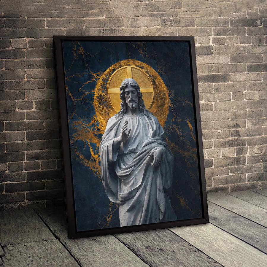 Jesus Christ Canvas Print | Religious Marble Statue Art with Gold Halo | Premium 1.25" Gallery Wrap | Spiritual Home Wall Decor Gift