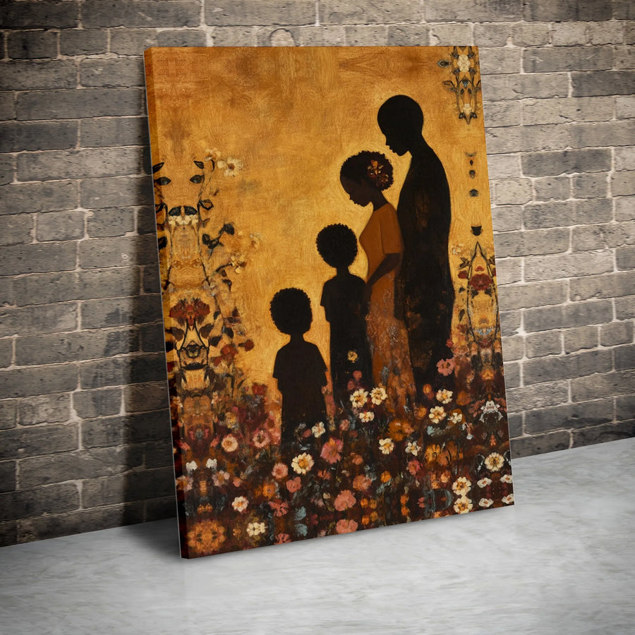 Black Family Art Canvas Print | Family Silhouette in Floral Garden | Premium Gallery Wrapped Canvas | Afrocentric Home Decor Gift