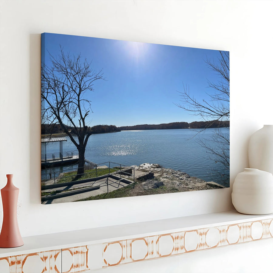 Serene Lake Canvas Wall Art | Sunny Lakeside Dock Photo | Premium Gallery Wrapped Canvas | Gift for Nature Lovers & Lake House Decor