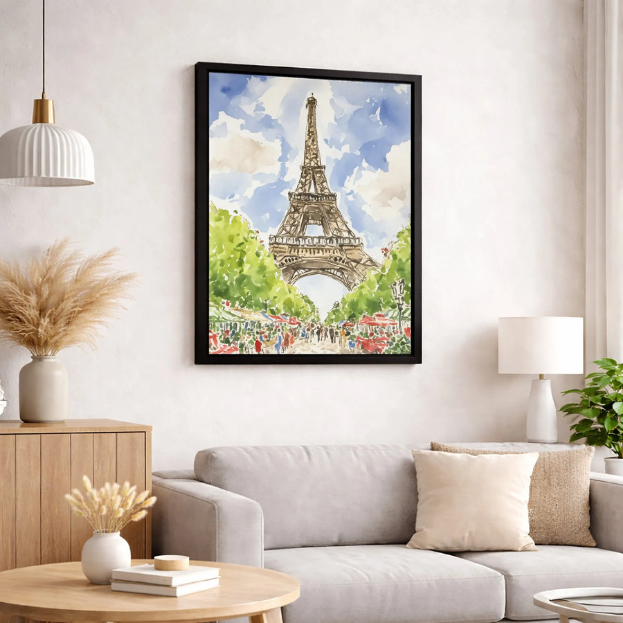 Eiffel Tower Canvas Art | Watercolor Paris Street Scene Print | 1.25-Inch Gallery Wrap | Travel Inspired Home Decor Wall Art