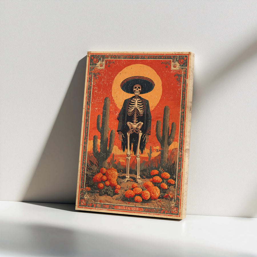 Dia De Los Muertos Wall Art | Vintage Skeleton Sombrero Marigold Canvas | Premium Gallery Wrap Decor | Mexican Folk Art Gift For Home