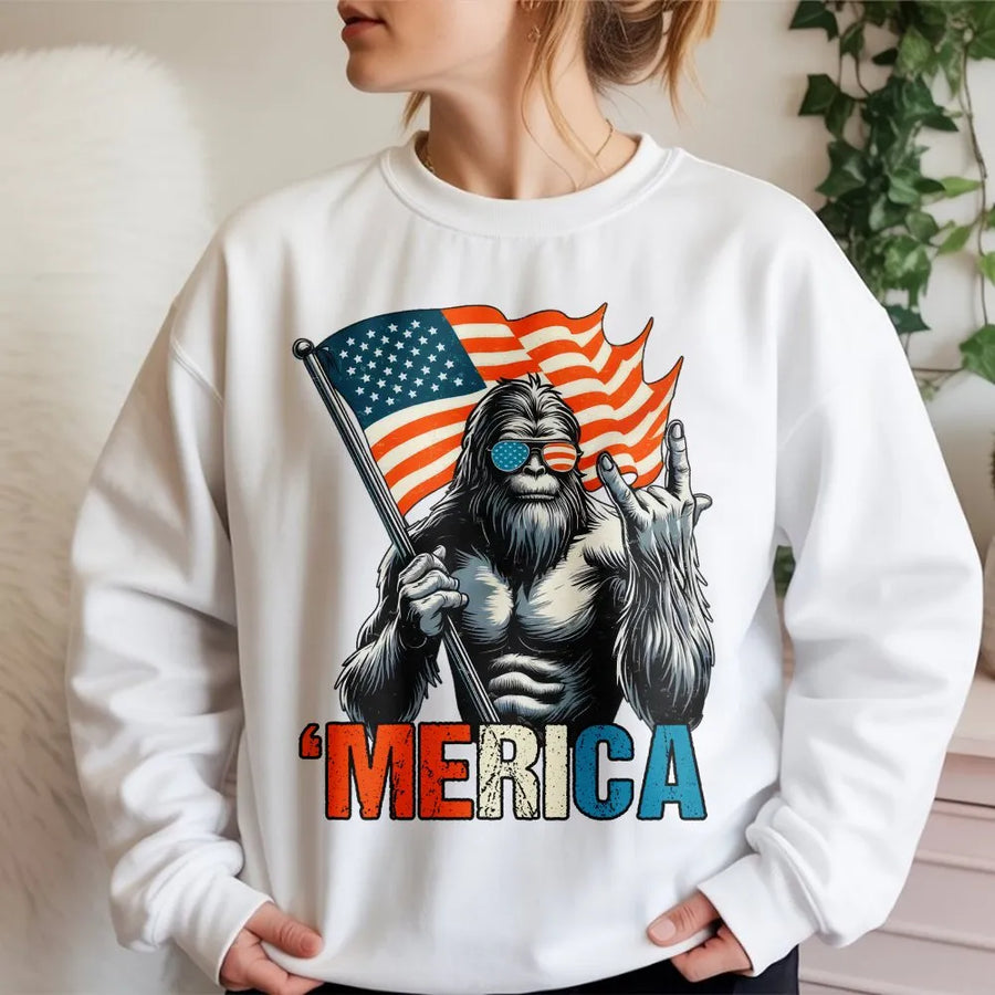 Bigfoot Merica Sweatshirt | American Flag Sasquatch Graphic | Soft Cotton Blend Pullover | Funny Patriotic Gift for Men