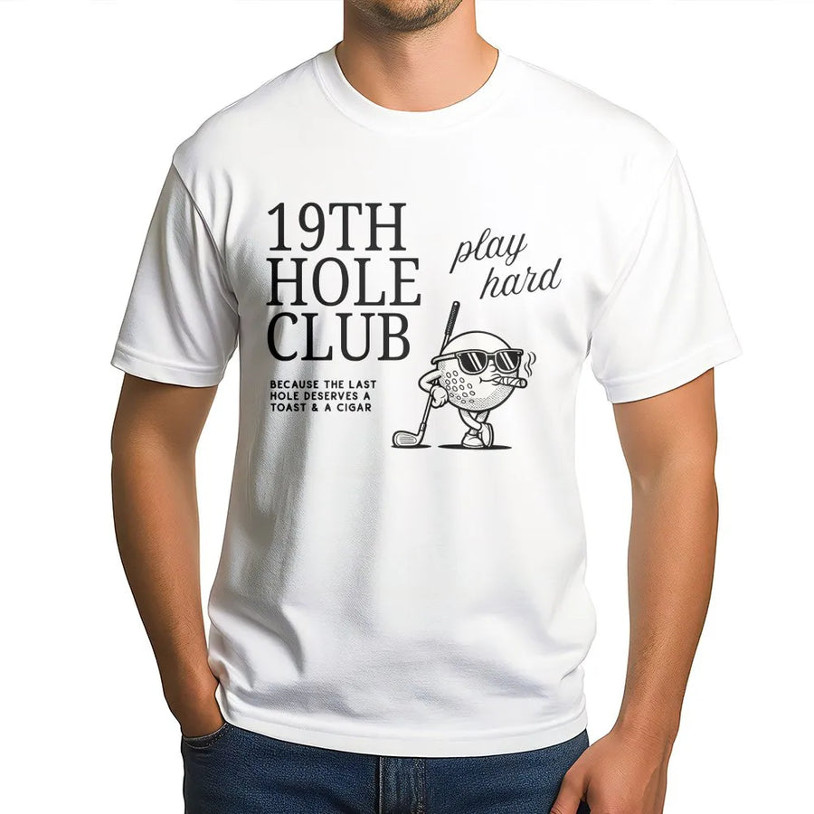 19th Hole Club Golf T-Shirt | Funny Golfing Graphic with Cigar | Soft Cotton Blend Pullover | Premium Gift for Golfer