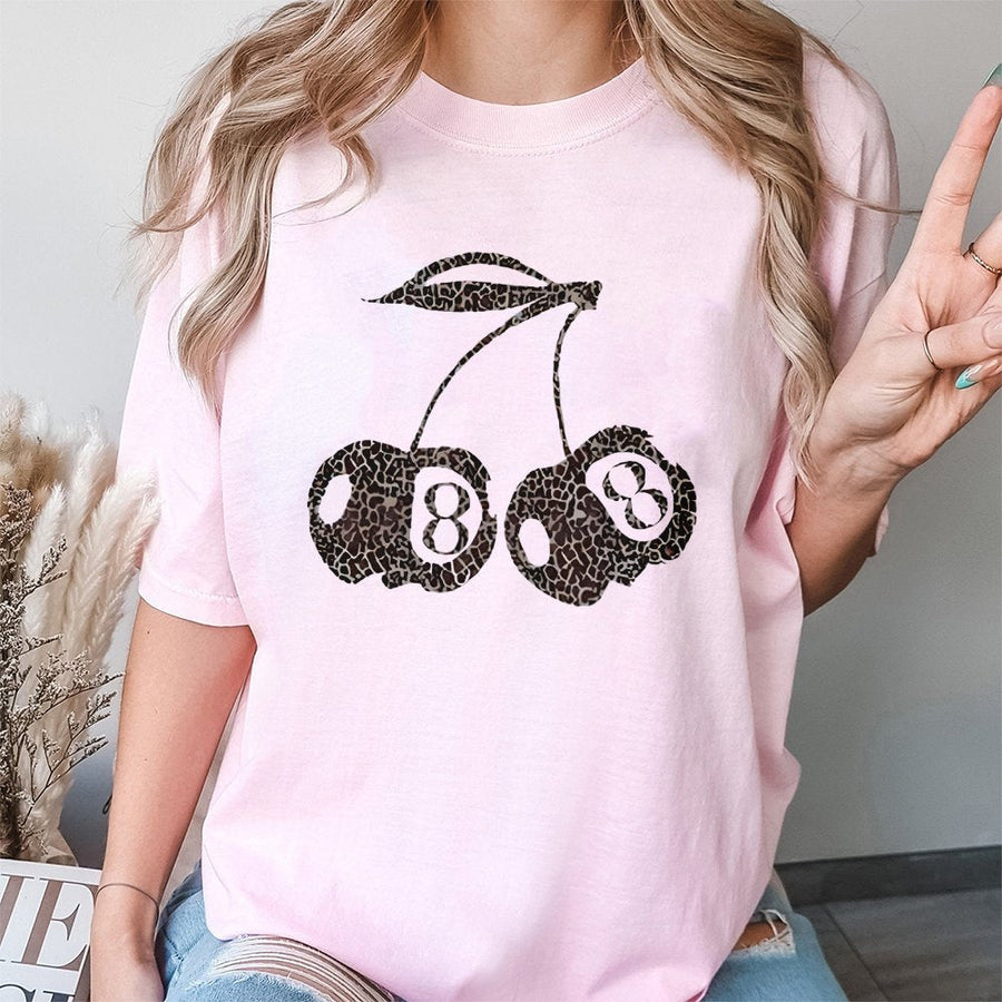 Leopard Cherry 8 Ball T-Shirt | Retro Billiards Graphic Tee | Premium 100% Cotton | Trendy Y2K Aesthetic Gift for Her