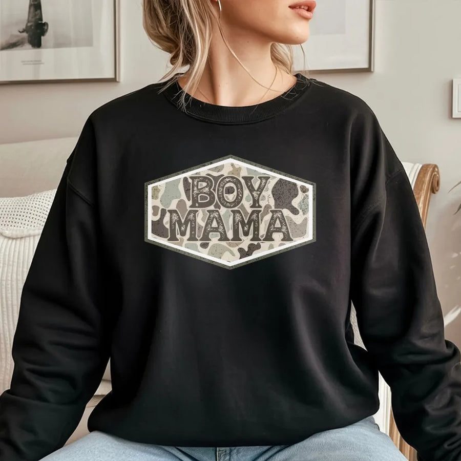 Boy Mama Camo Sweatshirt | Vintage Hunting Graphic Sweatshirt | Cozy Cotton Blend | Gift for Outdoorsy Mom