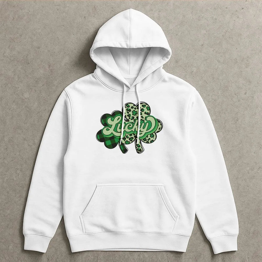 Lucky Shamrock Hoodie | Leopard Print & Plaid St. Patrick's Day Graphic | Premium Cotton Blend | Unisex Festive Gift for Her