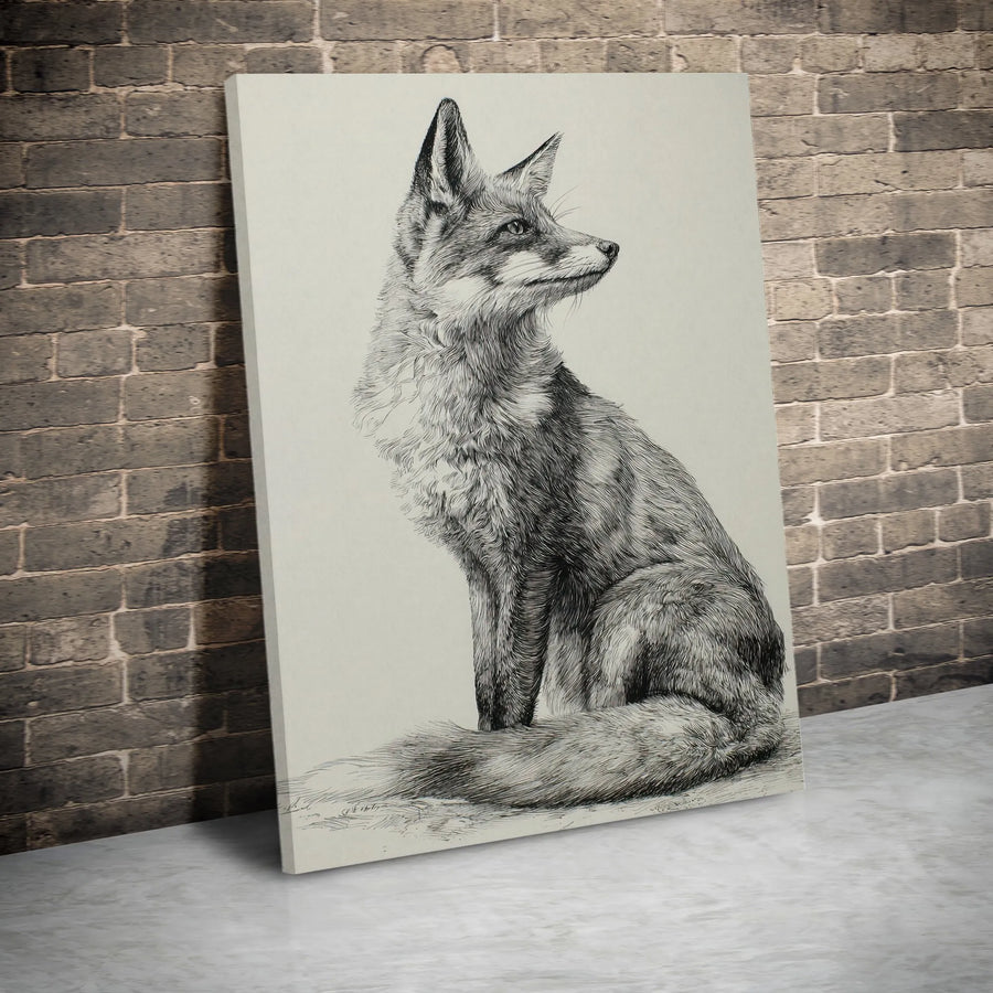Seated Fox Canvas Wall Art | Detailed Woodland Animal Sketch | Premium Gallery Wrapped Print | Rustic Nature Home Decor Gift