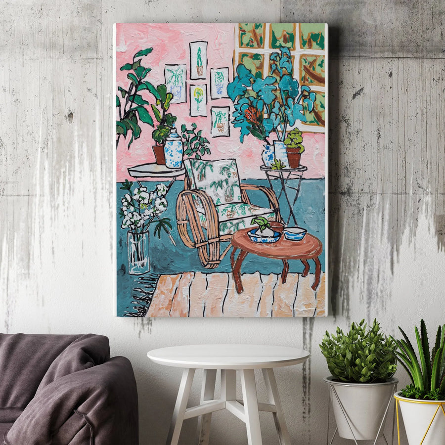 Tropical Plant Wall Art | Painterly Cane Chair & Botanical Room Scene | Premium Thick Profile Canvas | Gift for Home Decor Enthusiast