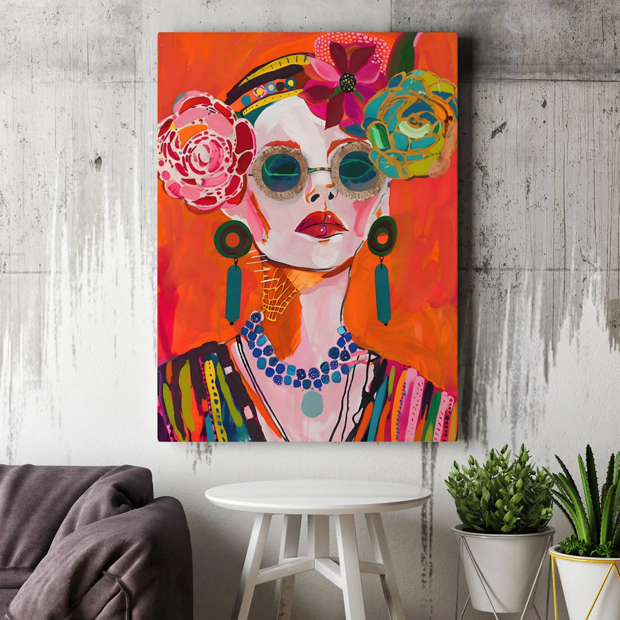 Bohemian Woman Portrait Canvas Art | Colorful Floral Fashion Wall Decor | Gallery-Wrapped Premium Print | Modern Aesthetic Statement Gift