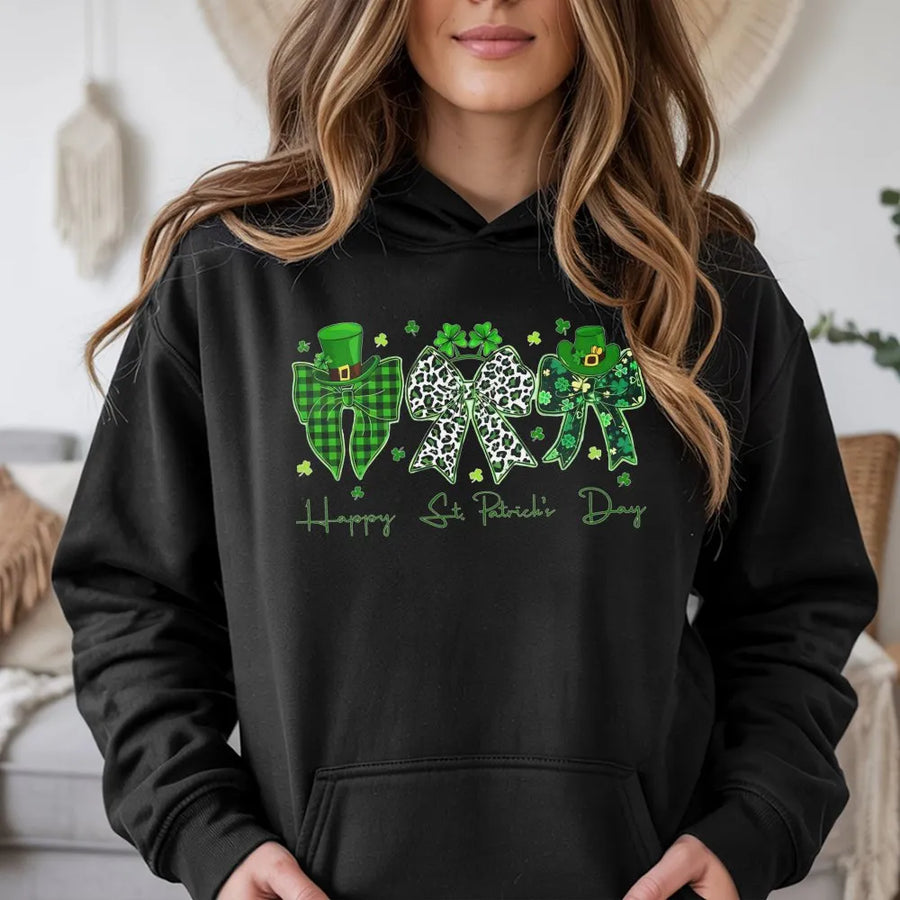 St. Patrick's Day Hoodie | Coquette Bow Shamrock Graphic | Premium Cotton Blend | Lucky Irish Festive Apparel Gift for Women