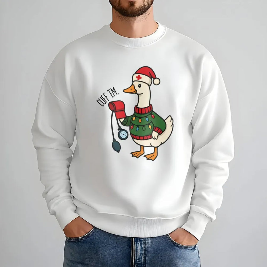 Nurse Christmas Sweatshirt | Funny Goose Cuff Em Graphic Print | Premium Cotton Blend Crewneck | Gift for Nurses & Healthcare Workers