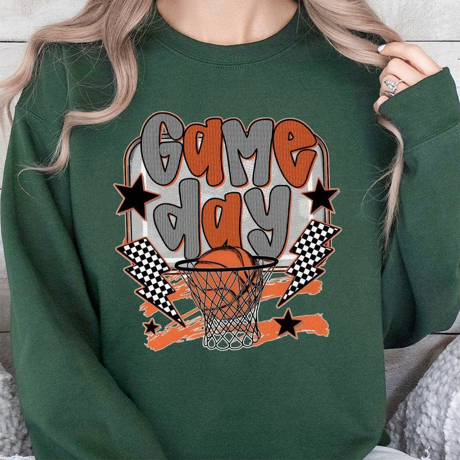 Game Day Basketball Sweatshirt | Retro Checkered Sports Graphic | Cotton Blend Premium Crewneck | Basketball Mom Gift for Fan
