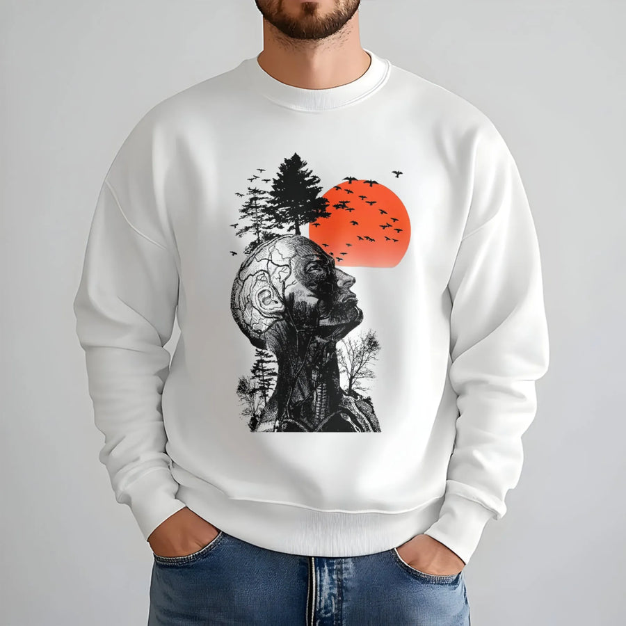Anatomical Human Head Sweatshirt | Surreal Nature Forest Graphic | Soft Premium Cotton Blend | Artistic Apparel for Men and Women