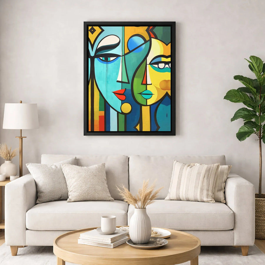 Abstract Cubist Face Canvas Art | Modern Colorful Two Faces Wall Decor | Premium Fade-Resistant Print | Bold Geometric Statement Gift