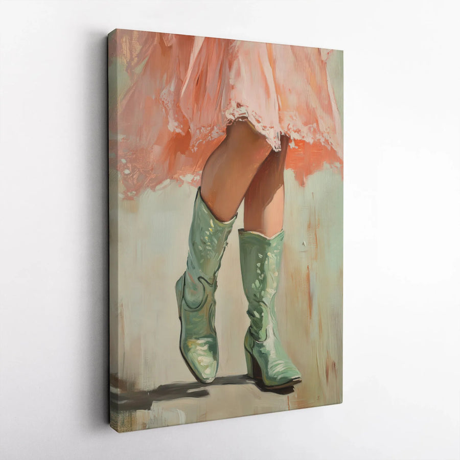 Western Cowgirl Art Canvas | Pink Dress and Green Cowboy Boots Painting | Premium Gallery Wrap Wall Decor | Modern Farmhouse Home Gift