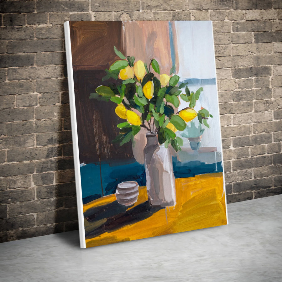Lemon Still Life Vertical Canvas | Vibrant Citrus Painting Print | Premium Thick Gallery Wrap | Modern Kitchen & Dining Room Decor Gift