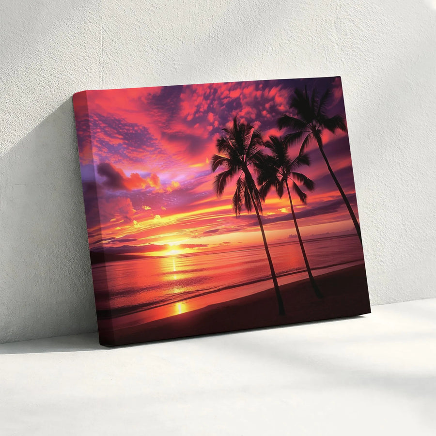 Tropical Sunset Canvas Wall Art | Vibrant Palm Tree Ocean Scenery | Gallery Quality Thick Canvas | Coastal Home Decor Gift