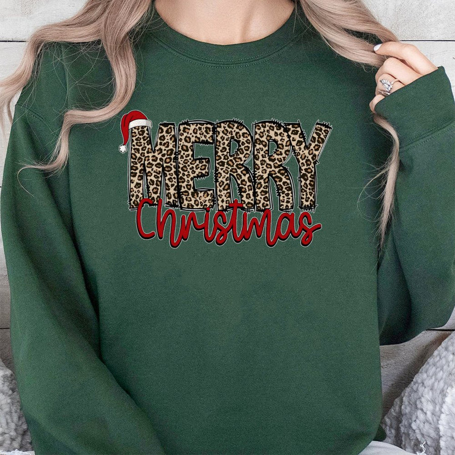 Merry Christmas Sweatshirt | Leopard Print Holiday Graphic | Cotton Blend Unisex Pullover | Festive Gift for Her
