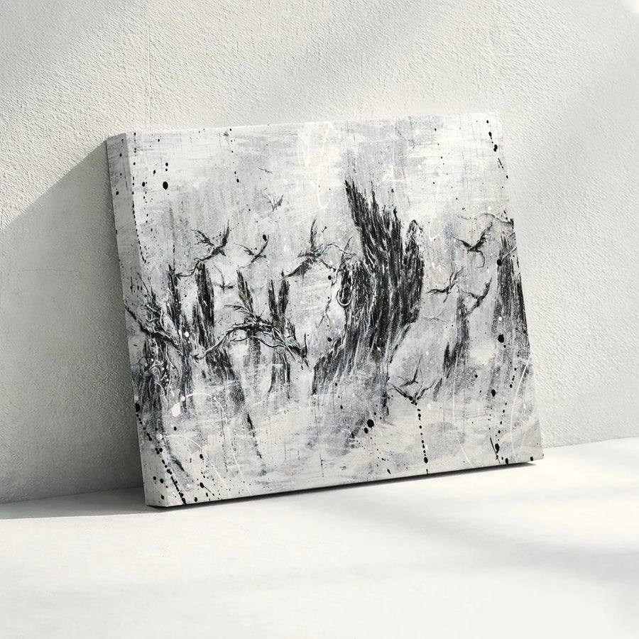 Abstract Bird Wall Art | Monochrome Splatter Ink Nature Canvas | Premium 1.25-Inch Gallery Wrap | Modern Minimalist Home Office Decor