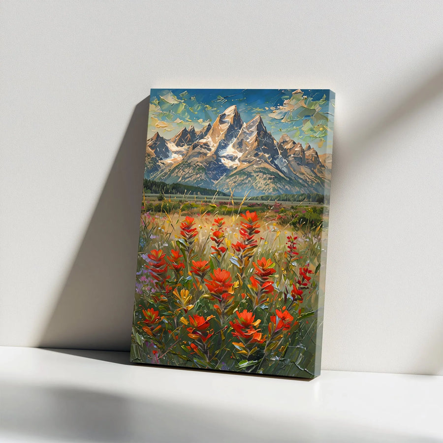 Grand Teton Mountain Canvas Wall Art | Impressionist Wildflower Landscape Print | Thick Gallery Wrap Canvas | Rustic Cabin Decor Gift for Nature Lover