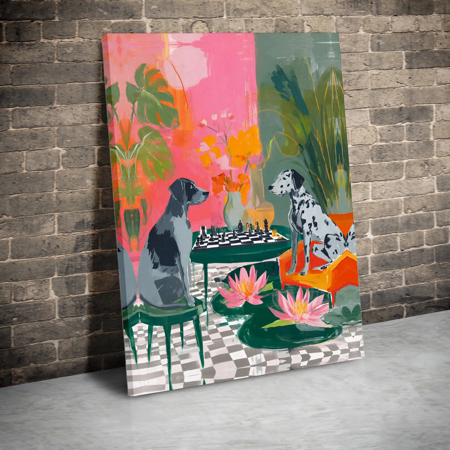Dogs Playing Chess Canvas Print | Whimsical Dalmatian and Pointer Art | Premium Gallery-Wrapped Wall Decor | Unique Gift for Dog Lovers