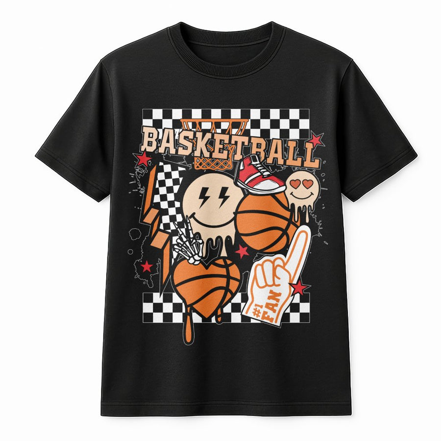 Basketball Graphic T-Shirt | Retro Checkered Sports Design | 100% Soft Cotton Premium Tee | Trendy Gift for Basketball Mom & Sports Fans
