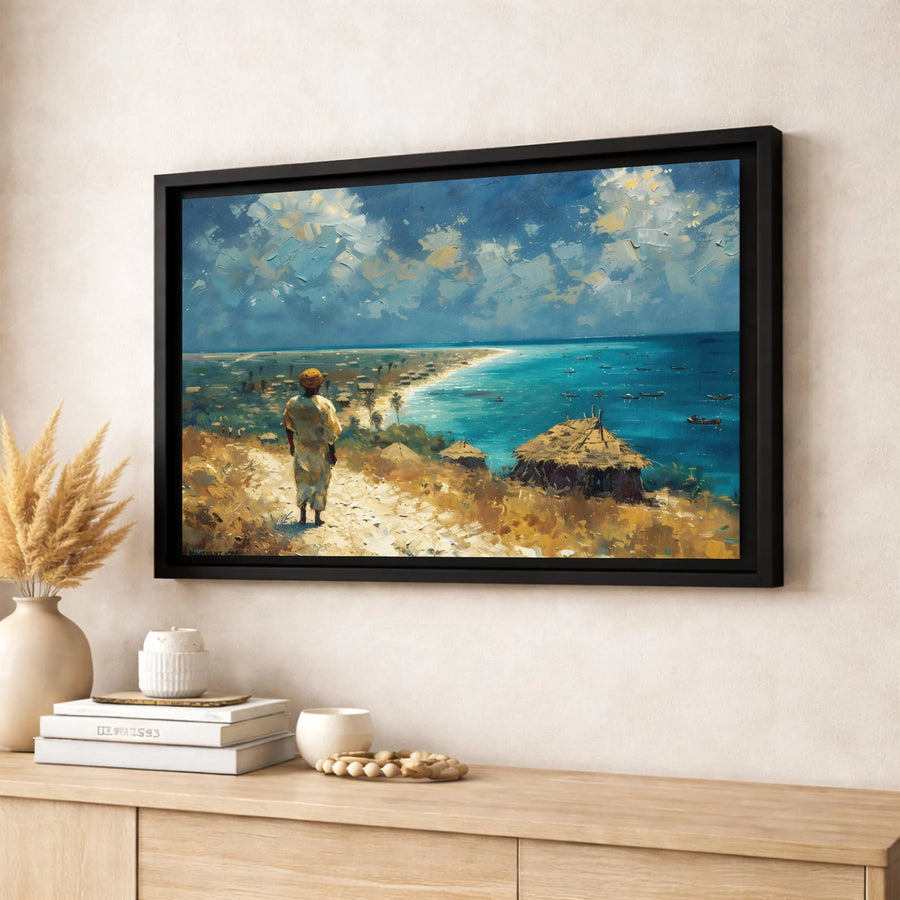 African Coastal Landscape Canvas Wall Art | Impressionist Seascape Painting with Fishing Boats | Gallery Wrap Premium Decor | Living Room Home Gift