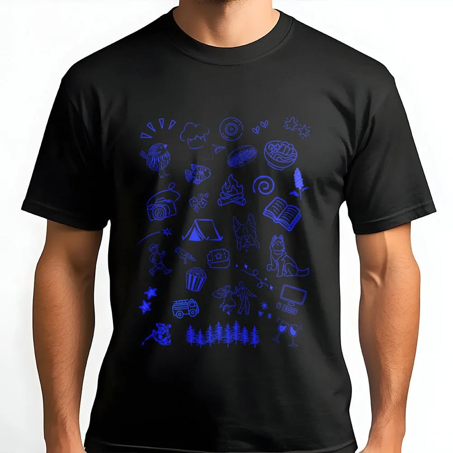 Eclectic Hobbies Graphic T-Shirt | Hand-Drawn Doodle Collage Print | Soft Cotton-Blend Pullover | Unisex Casual Wear Gift