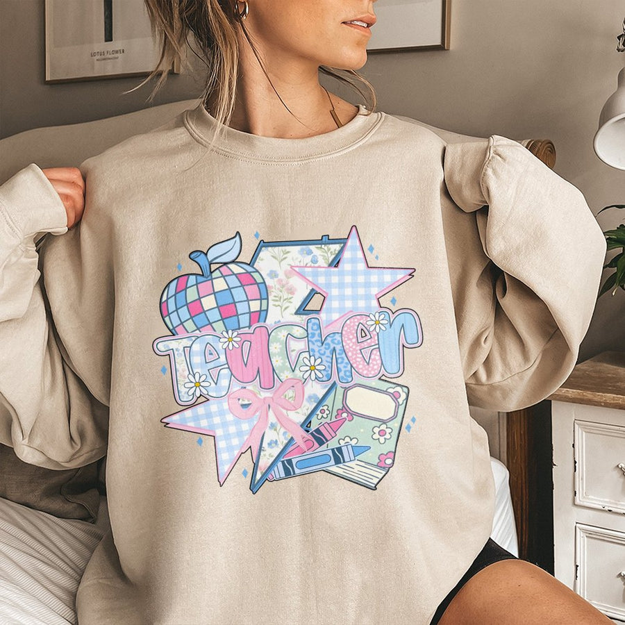 Teacher Sweatshirt | Pastel Coquette Bow Floral Design | Premium Cotton Blend | Gift for Teacher Appreciation, Educator, or Teaching Student