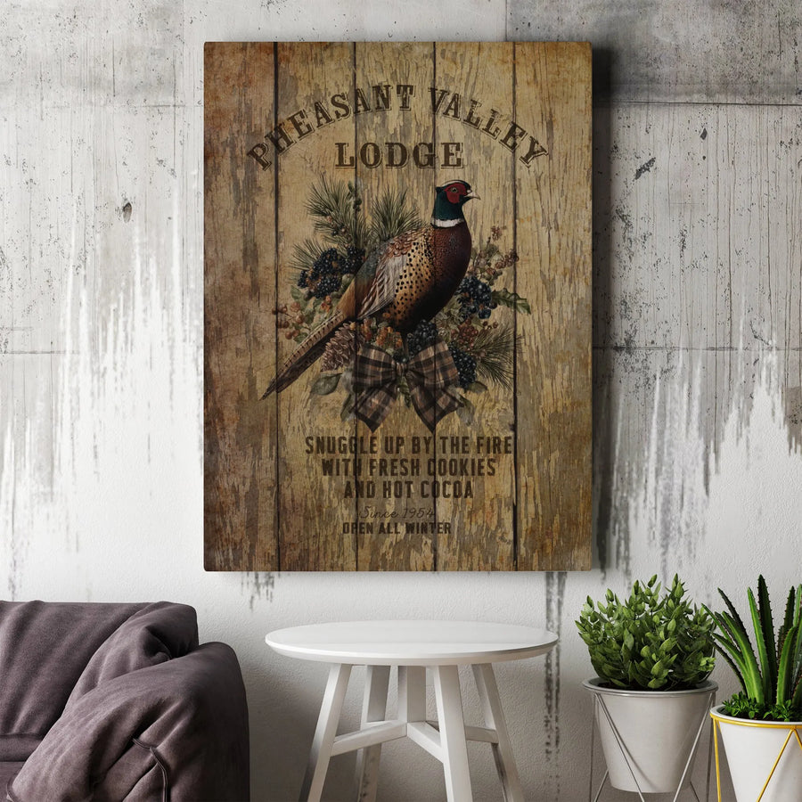 Pheasant Valley Lodge Canvas Wall Art | Rustic Winter Cabin Decor | Premium Gallery Wrap Print | Wildlife Gift for Hunters and Cabin Lovers