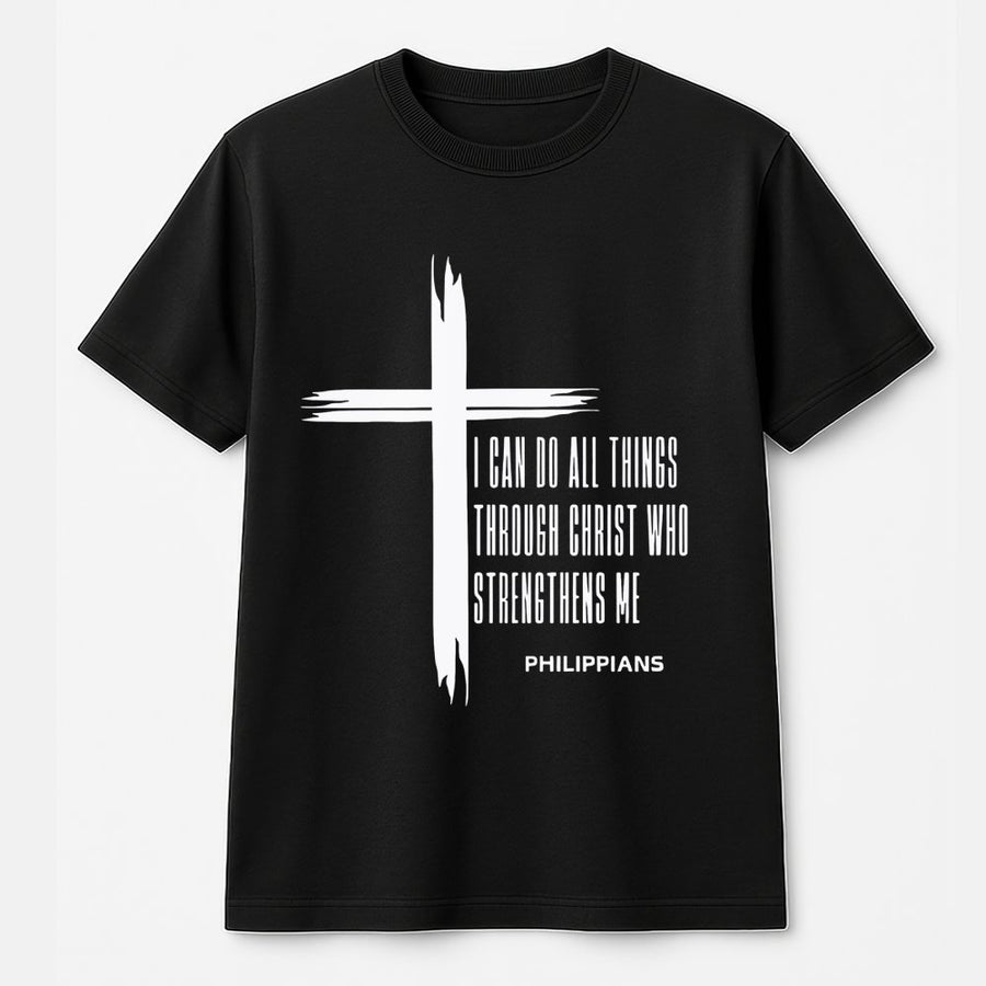 I Can Do All Things Through Christ T-Shirt | Philippians Bible Verse Cross Graphic | 100% Cotton Premium Tee | Faithful Gift for Men and Women